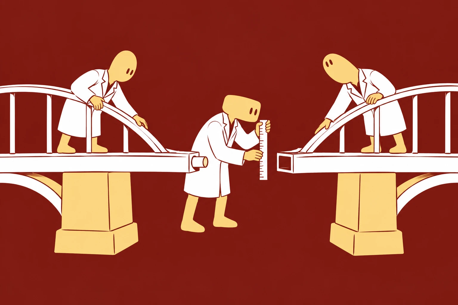 Two creatures complete opposite sides of a mechanism while a third checks a mismatched connection between them.