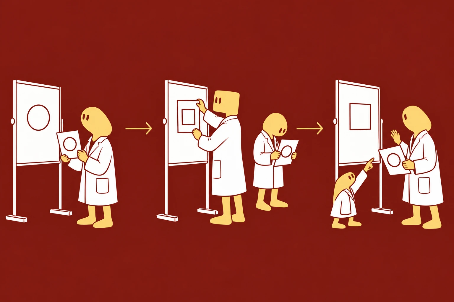 Three moments: a creature reads a circle-marked task, another replaces it with a square-marked task, and the original creature notices its copied context is outdated.